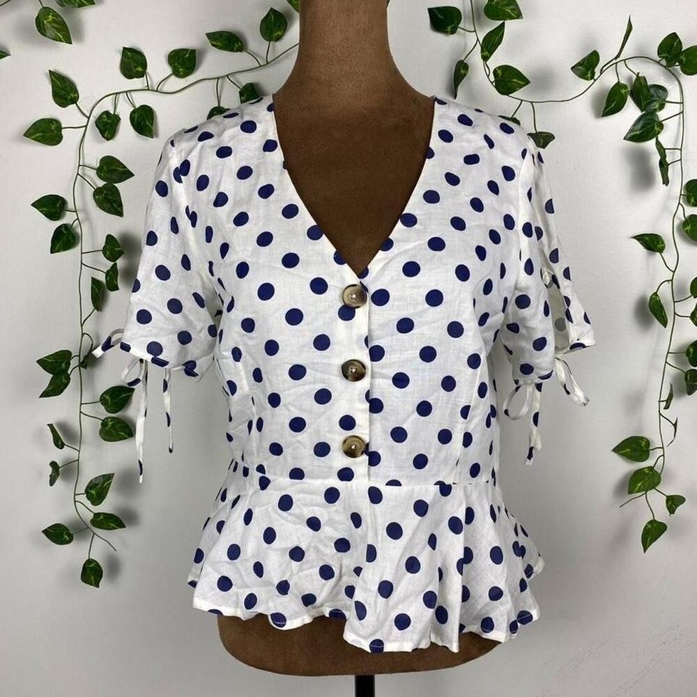 Gilli white and navy polka dot blouse brown button details tie sleeves